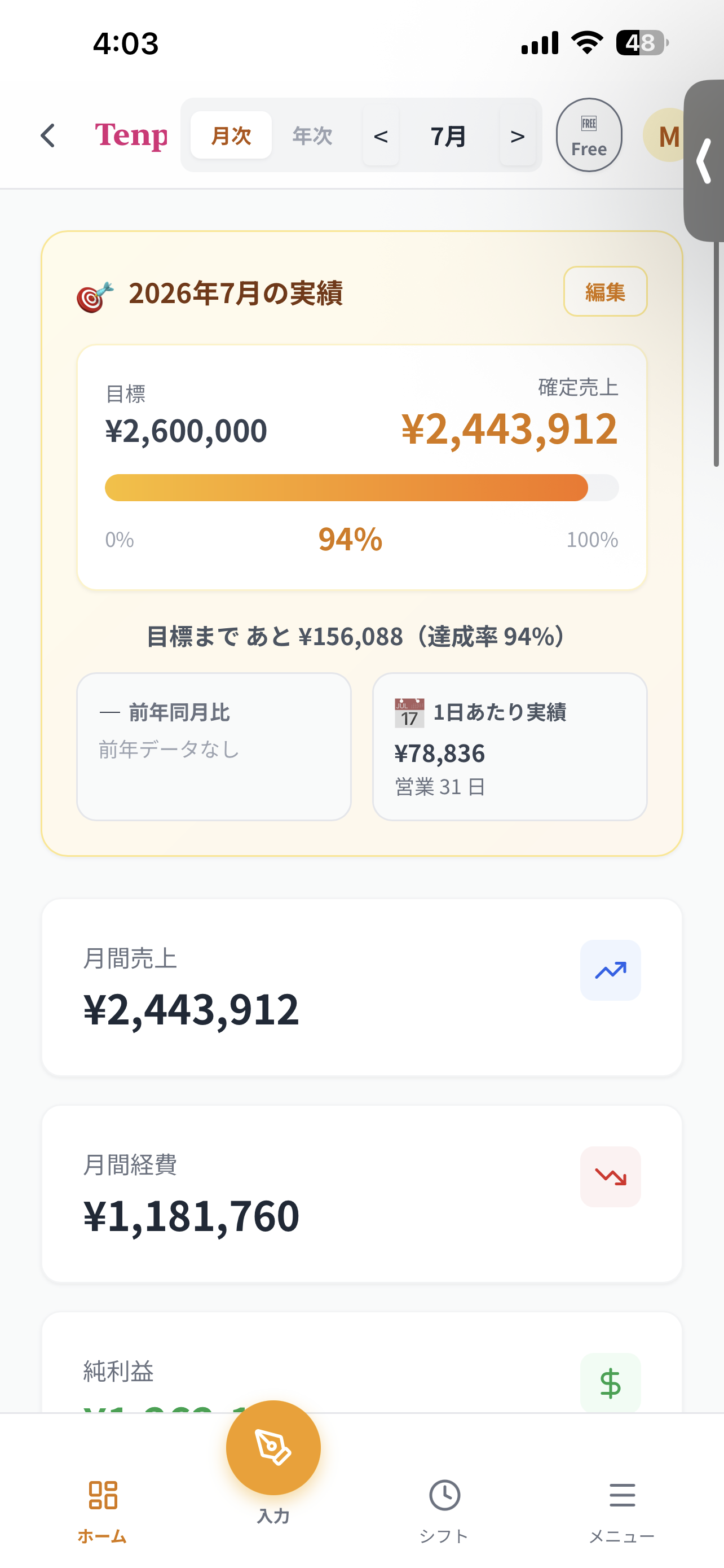 スマートフォンで表示したTenpoNoteダッシュボード